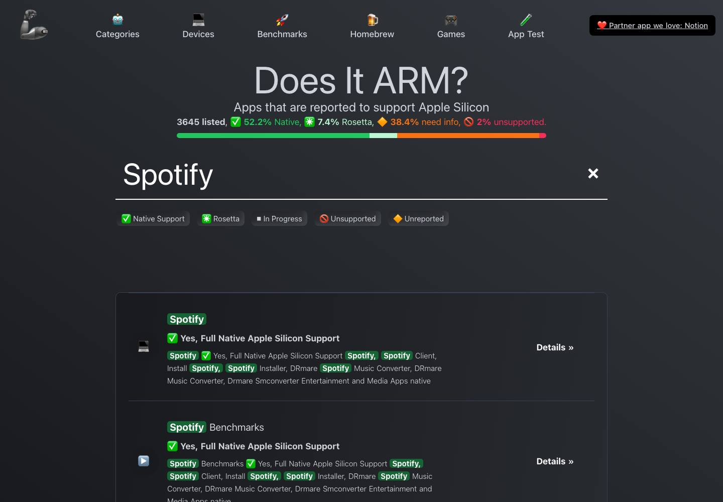 DoesItARM.com desktop search showing Apple Silicon compatibility results