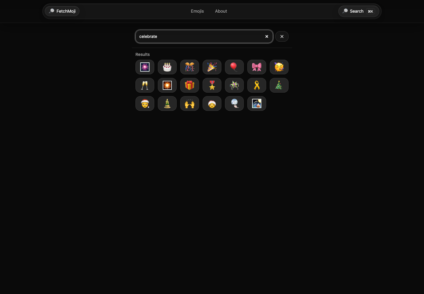 FetchMoji.com desktop semantic emoji search results