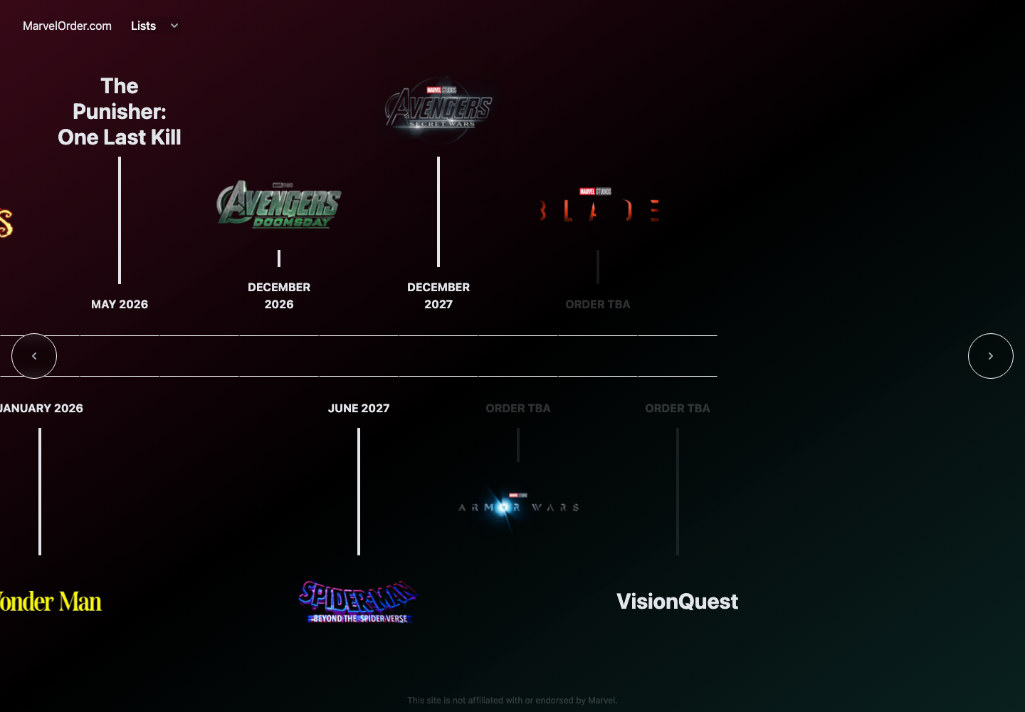 MarvelOrder.com desktop timeline showing Marvel releases with poster art