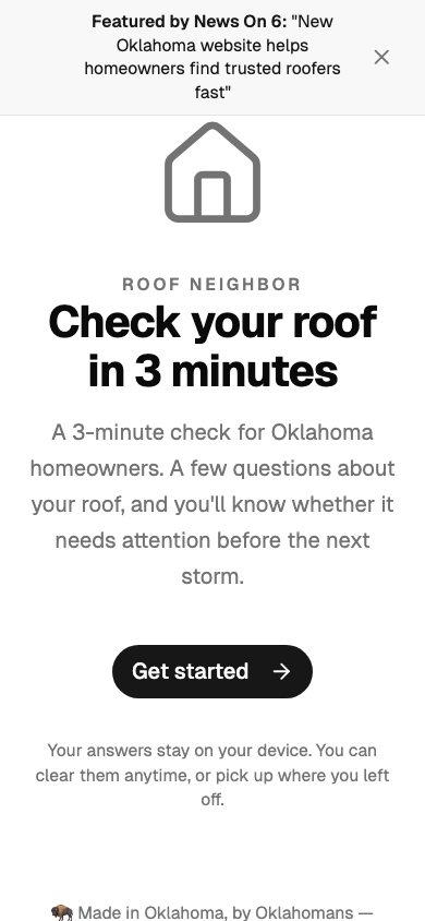 RoofNeighbor.com mobile landing page with get started button