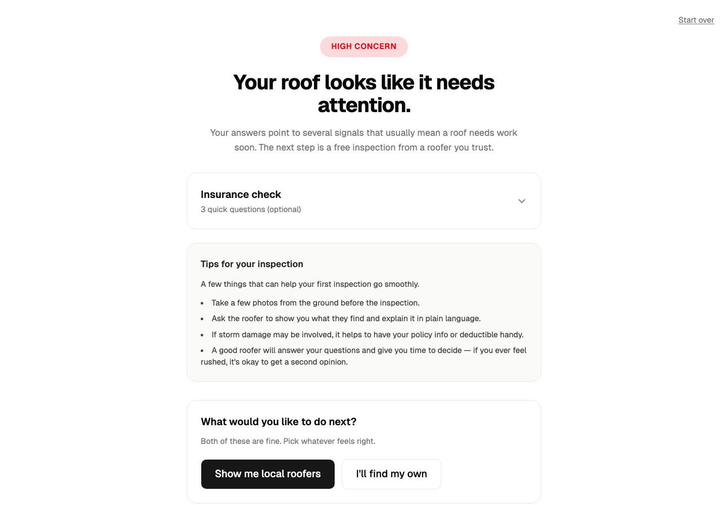 RoofNeighbor concern-tier result screen