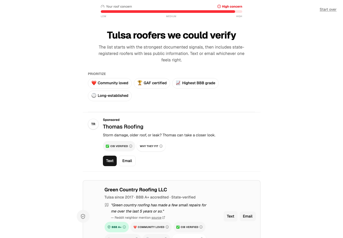 RoofNeighbor vetted local roofer list with text and email links