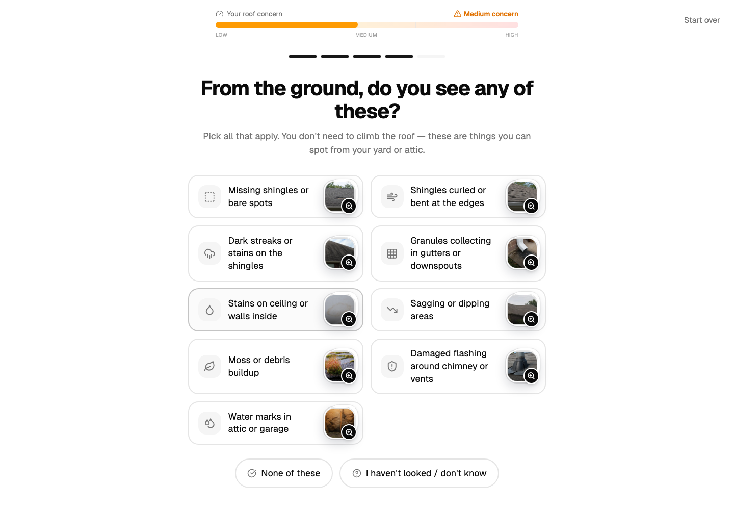 RoofNeighbor symptom selection step with example photos