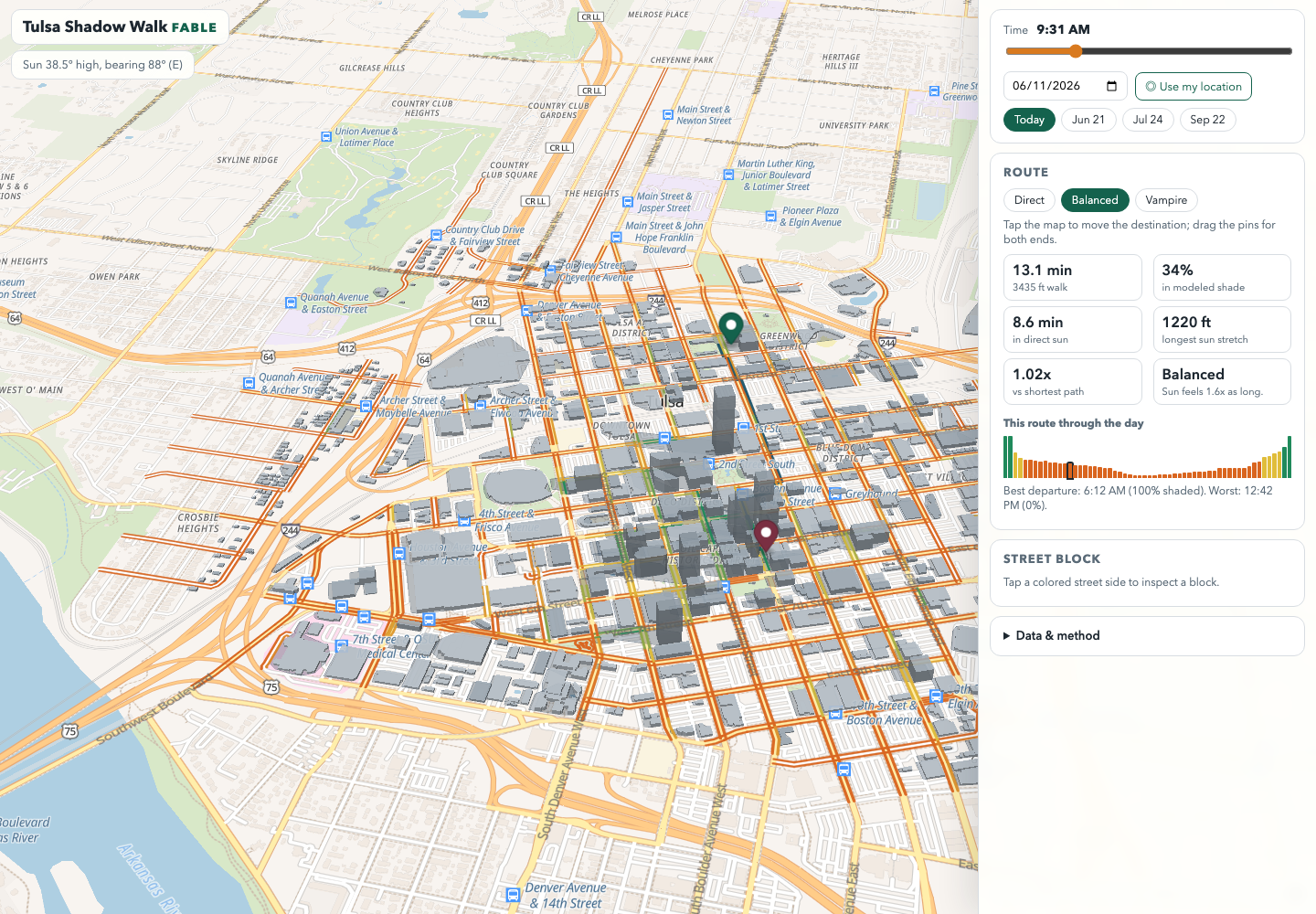 Tulsa Shadow Walk desktop map showing downtown Tulsa shade scores and route metrics