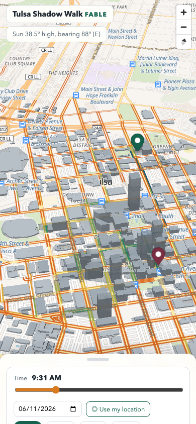 Tulsa Shadow Walk mobile route planning sheet over the map